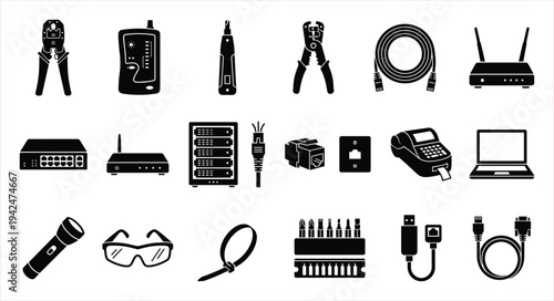 Collection of IT and networking tools, cables, and electronic devices arranged on a white background