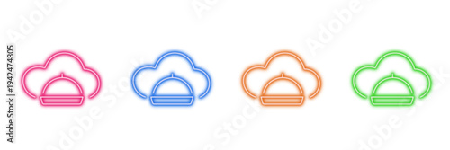 Neon glowing cloud food service vector icons set, catering, restaurant, delivery, dish, cloche, vibrant colorful digital design illustration on transparent background.