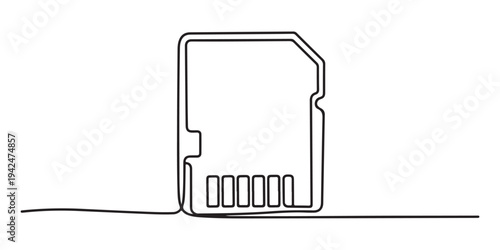 Micro sd card with gold contacts isolated on transparent background continuous one line drawing, Memory sd card icon. Flash disk storage symbol. Media, photos, gigabytes, megabytes, A simple and bold