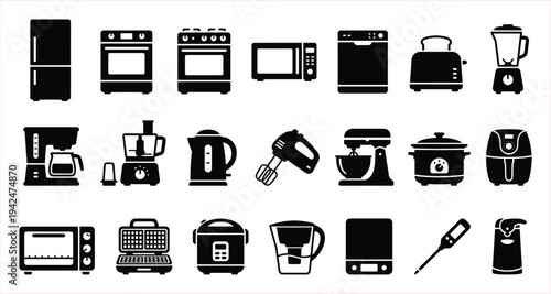 Collection of Silhouette Icons Representing Kitchen Appliances and Cooking Gadgets