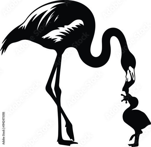 Silhouette of a flamingo feeding its chick vector design