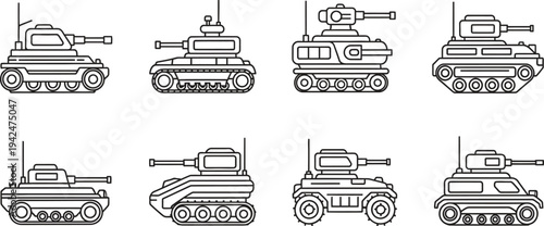 Collection of various military tank icons featuring outline vector illustrations for game design mobile apps and strategic concepts isolated on white background