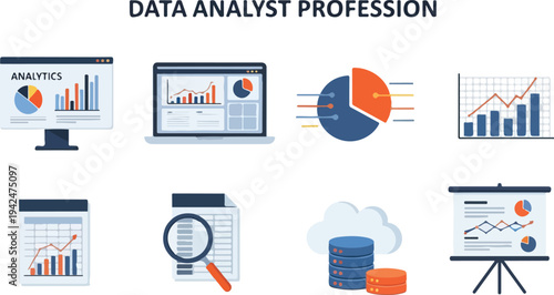 Illustration Data analyst symbols Includes screens graphs pie charts magnifying glass databases and a presentation board