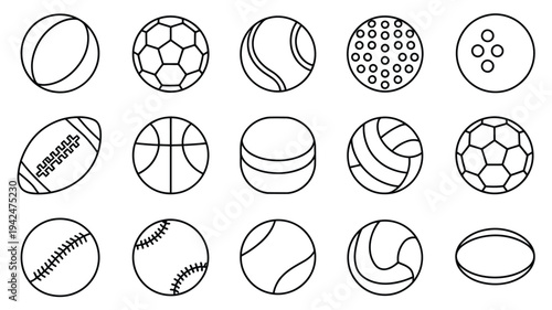 Sports Balls Minimal Flat Line Vector Icon Set. Flat line icons for soccer, football, tennis, golf, bowling, basketball, hockey, volleyball