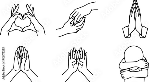 Continuous line art hand poses collection, connection and support symbol set, "Created with AI assistance and manually refined."