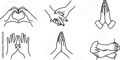 Minimalist emotional hand gestures line art set, love and unity symbol vector, "Created with AI assistance and manually refined."