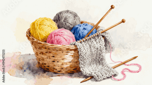The Knit Set Basket of Yarn and Needles isolated watercolor vector illustration svg