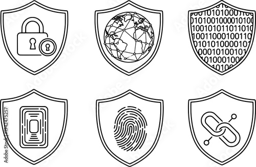 Minimalist cyber security shield icon set, data protection and privacy vector, "Created with AI assistance and manually refined."