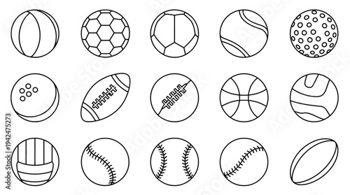 Sports Balls Minimal Flat Line Vector Icon Set. Soccer, football, tennis, golf, bowling, basketball, hockey, volleyball, rugby, pool, baseball, ping pong icons