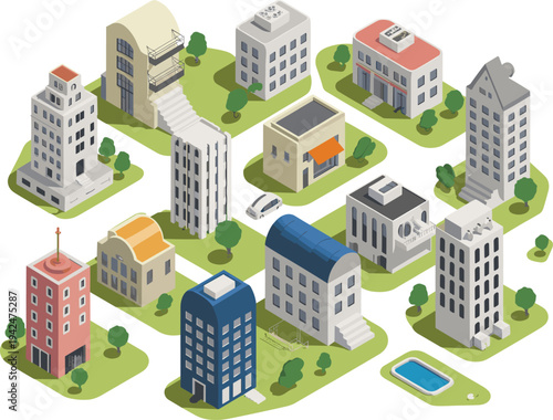 Isometric of various colorful buildings and structures in a cityscape with green areas and trees