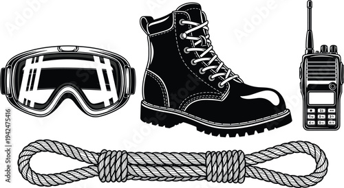 Black and white vector illustration set of survival and outdoor adventure equipment featuring heavy duty boots, tactical radio, climbing rope, and protective goggles.