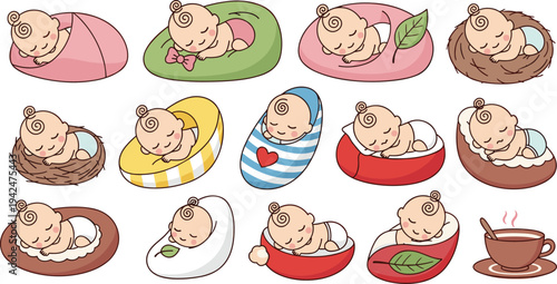 Set of cute cartoon sleeping baby characters in cozy nests and colorful swaddles for nursery decor, newborn announcements, baby shower invitations, and parenting designs.