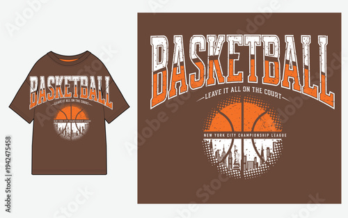 Vintage basketball t-shirt design template. New York City championship skyline placement print with grunge texture. Streetwear apparel vector mockup.