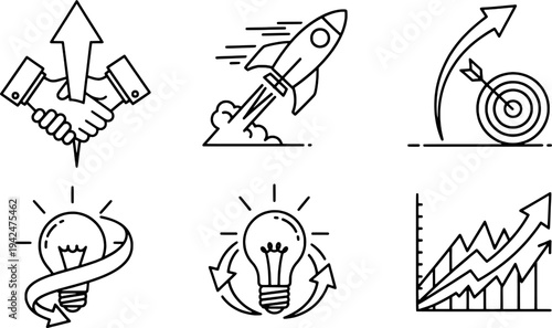 Minimalist business growth and success icon set, startup launch vector, "Created with AI assistance and manually refined."