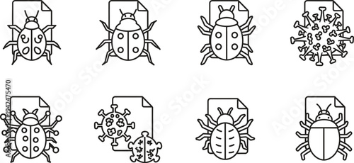 Collection of computer bug virus and malware file icons featuring outline vector design for cybersecurity software errors and data protection concepts