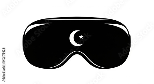 A futuristic black and white vector art illustration of a sleeping mask with a crescent moon and star, showcasing technology icons in an architectural abstract design.