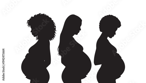 Silhouettes of three pregnant women showing diversity in hair types and ethnic backgrounds, celebrating motherhood and femininity.