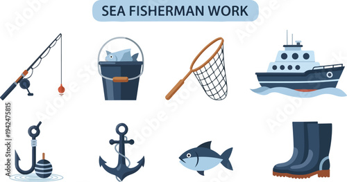 Illustration of a sea fishermans work showing a fishing rod bucket net boat hook anchor fish and boots