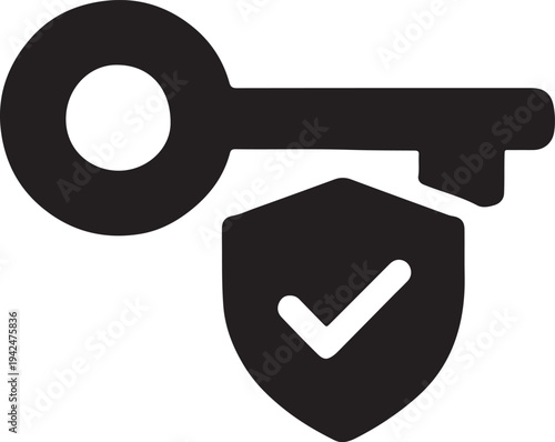 Black key and shield with checkmark icon representing security access and verification isolated on white background
