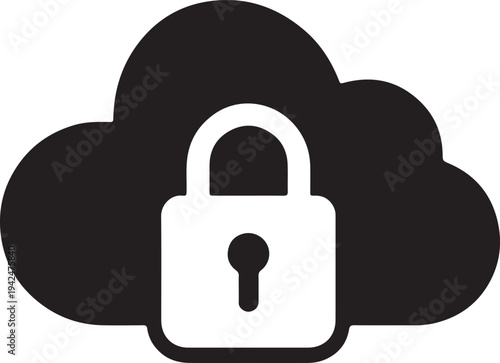 Cloud security icon with padlock representing data protection and privacy for digital storage isolated on white background