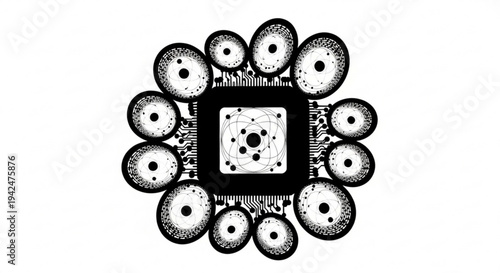 A black and white illustration of a central square surrounded by circular patterns in a floral arrangement viewed from directly above
