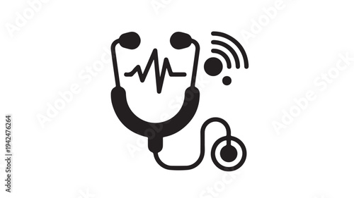 Stethoscope icon with cardiogram and wireless signal, representing telemedicine and remote healthcare diagnostics and monitoring.