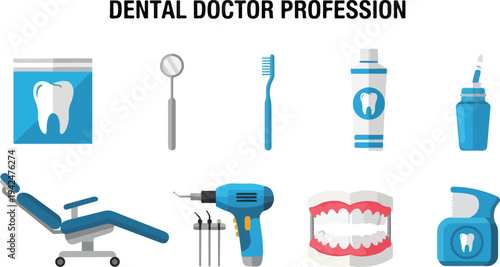 Illustration of dental tools including a chair mirror toothbrush toothpaste drill and model teeth