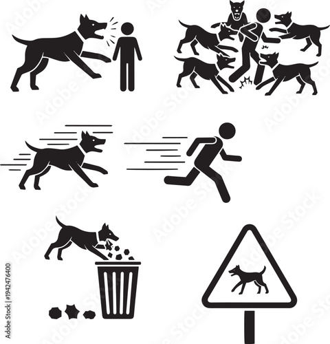 Black dog depicting barking aggression running waste disposal and warning sign silhouette white