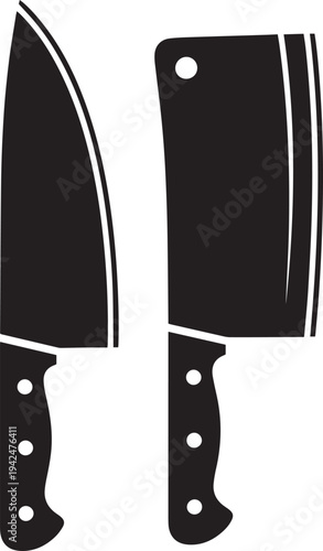 Black silhouette of a chef knife and a cleaver on a white background kitchen knife butcher knife