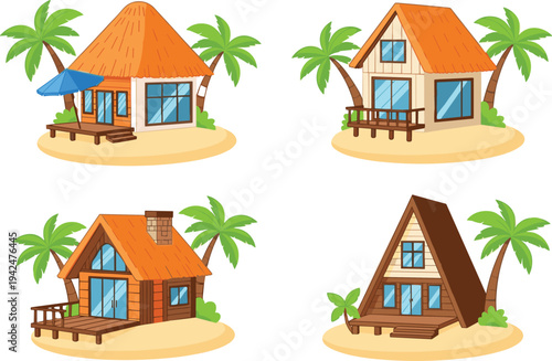 Tropical Beach Houses Set with Thatched Huts Bungalows Wooden Cabins A-Frame Chalets and Palm Trees Vector Illustrations for Summer Posters, Island Getaway, Real Estate, and Paradise Graphics
