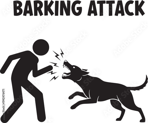 Black silhouette of a person and an aggressive dog with bared teeth and lightning bolts attack barking