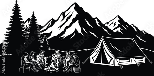 Outdoor mountain camping silhouette with group of people sitting by campfire near tent and pine trees for summer vacation travel adventure concept