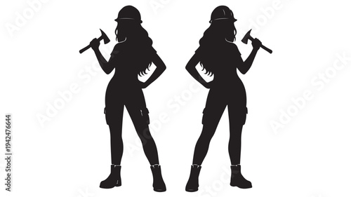 Silhouettes of women wearing hard hats and holding geological hammers, representing the diversity of women in skilled trades and professions.