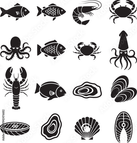 Collection of black seafood and fish on white background shrimp crab octopus