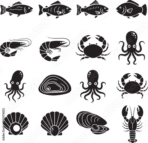 Collection of black silhouette seafood on white background fish shrimp 1 crab octopus oyster