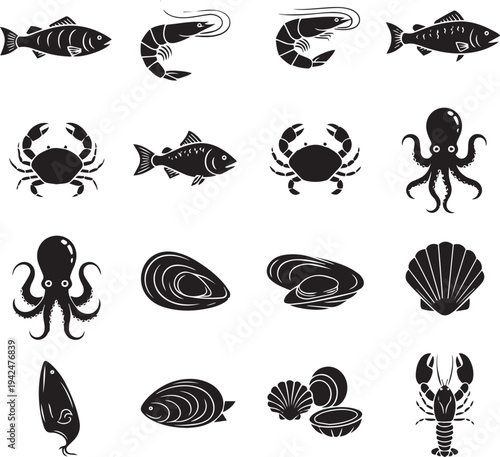 Collection of black silhouette seafood on white background fish shrimp crab octopus