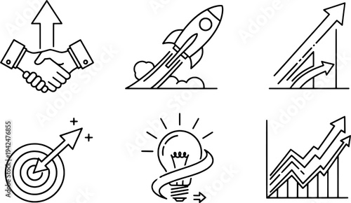 Clean outline startup strategy and profit symbols collection, business success set, "Created with AI assistance and manually refined."