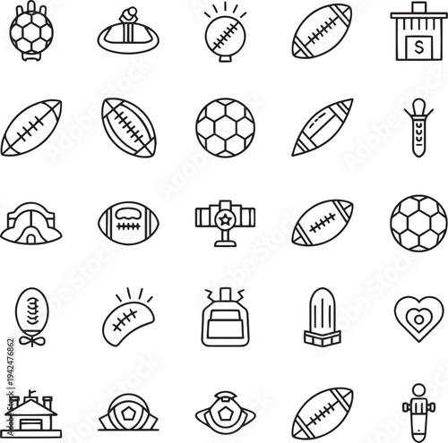 Collection of line representing sports equipment and buildings line football soccer ball rugby ball