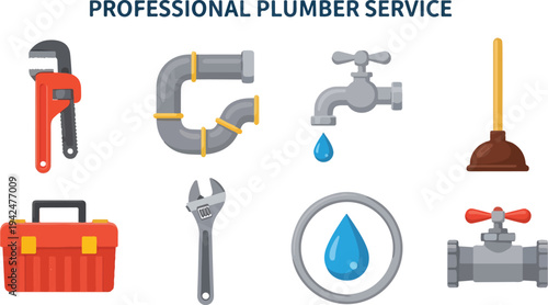 Illustration of plumbing tools and water elements