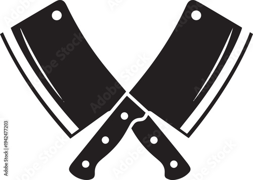 Two black crossed meat cleavers with white handles and rivets crossed knives butcher knife kitchen knife