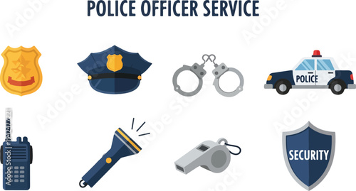 Illustration of police service items badge hat handcuffs car radio flashlight whistle and shield