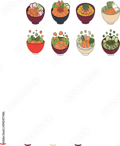 Colorful Poke Bowl Icon Set with Fresh Salmon Avocado Cucumber Shrimp Seaweed Rice Toppings and Hawaiian Style Ingredients for Healthy Food and Summer Menu Designs