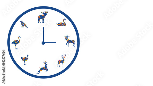 blue analog clock face featuring different animal silhouettes instead of traditional numbers