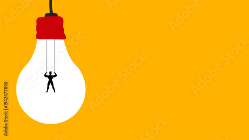 muscular man lifting a heavy glowing light bulb on a yellow background