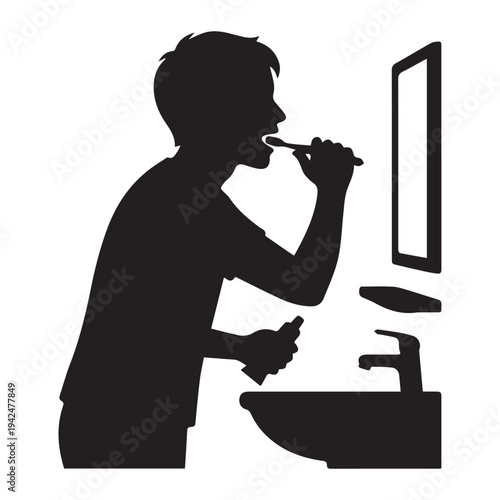 Person brushing teeth in front of a bathroom mirror Icon Silhouette vector black design on a white background