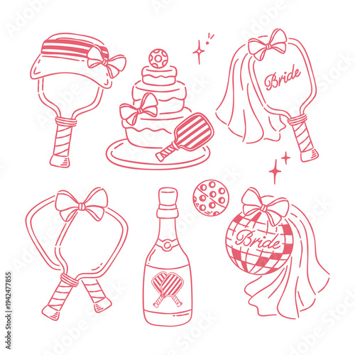 Pink pickleball bachelorette party icons set, hand-drawn bride sports doodles, wedding celebration clipart.