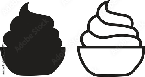 Two icons depicting a bowl filled with a swirl of soft serve ice cream or whipped cream, one solid black and one outline.