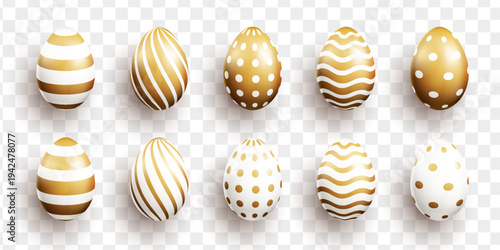 3D golden Easter egg collection isolated on transparent background.