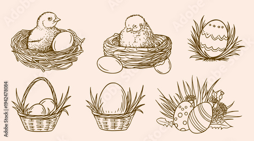 Easter hand drawn set with chicks, nests, baskets and eggs. Holiday elements sketch collection