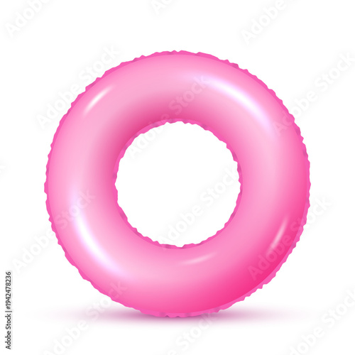 Cute swim ring icon isolated on white background. Rubber pool toy. Realistic inflatable tube pink color